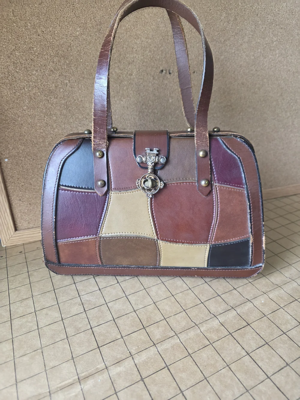 Burlington Patchwork Leather Frame Satchel  Vintage Boho Handbag